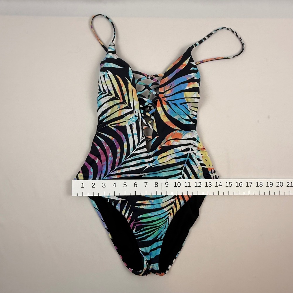 Bar III Womens Small Tropical Palm Leaf Lace Up One Piece Swimsuit Black Small - Picture 6 of 7